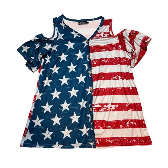 Spadehill USA Flag Cold Shoulder Stars Stripes Top Blouse Size L - Picture 3 of 7